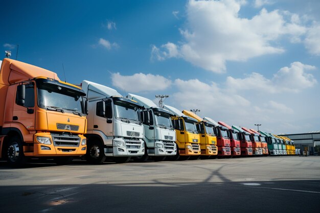 Truck leasing companys lot filled with a fleet of cargo hauling vehicles