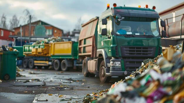 Foto un camion carico di bidoni di rifiuti alimentari parcheggiato fuori da un impianto di riciclaggio dove verrà convertito