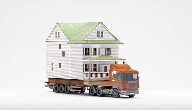 A truck loaded with a house isolated on a white background