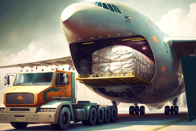 Truck loads packages of goods into hold of cargo plane