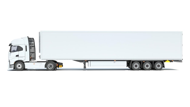 Truck met Reefer Refrigerator Trailer 3D-weergave op witte achtergrond