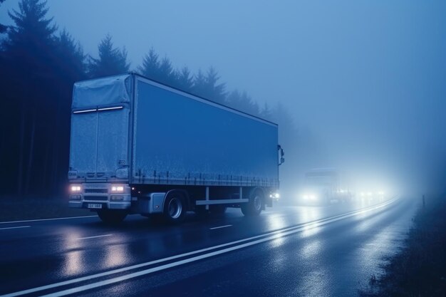 Photo truck in the night on highway long haul across continents in a freight truck