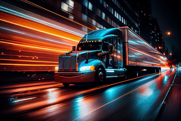 写真 モーション ブラーと光の効果で夜道を走るトラックジェネレーティブ ai