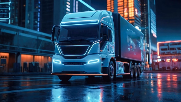 Truck op de weg in de nacht Moderne elektrische futuristische onbemande truck slimme elektrische