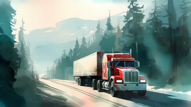 Truck op de weg met bergen en bossen op de achtergrond Generatieve AI