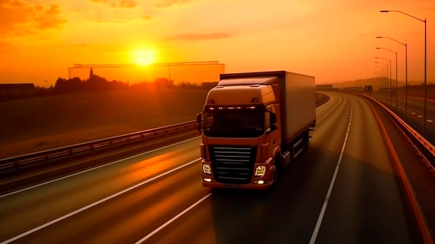 Truck op het spoor snelweg zonsopgang of zonsondergang de auto maakt internationaal vrachtvervoer Generatieve AI