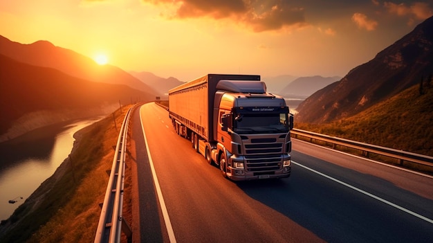 Truck op het spoor snelweg zonsopgang of zonsondergang de auto maakt internationaal vrachtvervoer Generatieve AI