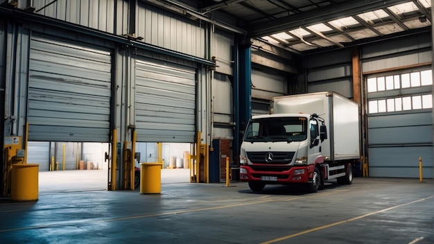 Foto camion parcheggiato all'interno di un magazzino industriale