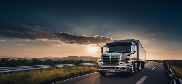 Truck rides on the highway carries cargo panorama wide angle