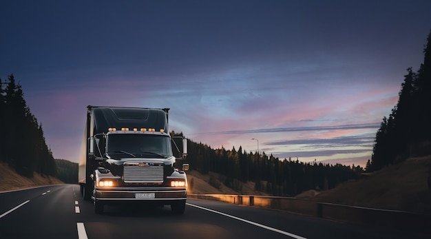 Truck rides on the highway carries cargo panorama wide angle