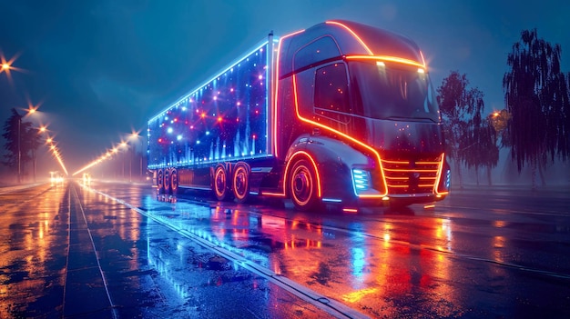 Truck on the road in night Modern electric futuristic unmanned truck smart electric car