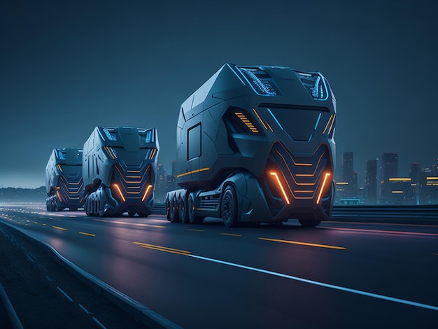 밤에 도로에 트럭 전송 개념 3D 렌더링