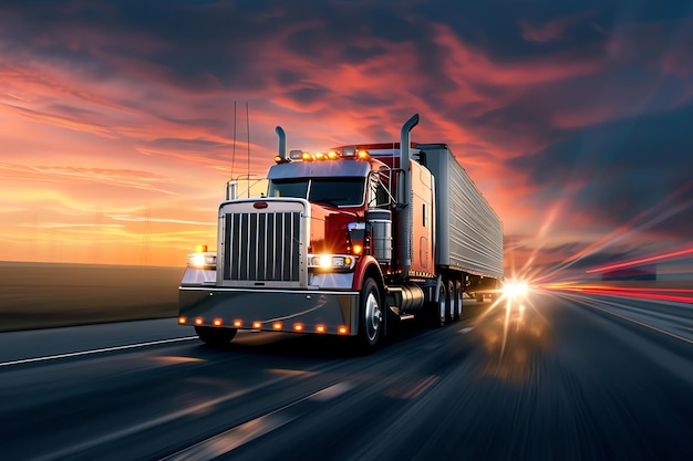 truck on the road at sunset AI generated