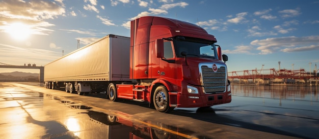 Truck on the road at sunset Freight transportation and logistics