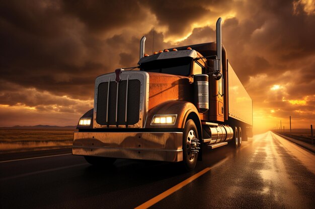 Truck on road in sunset time