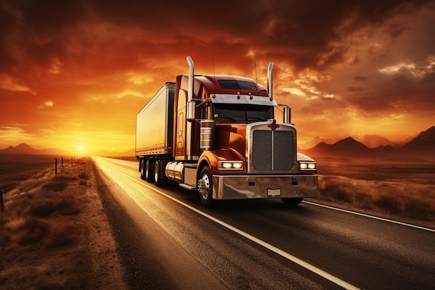 Truck on road in sunset time