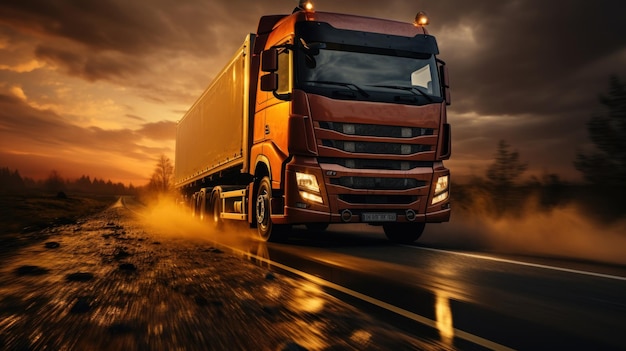 Truck on the road at sunset with motion blur effect Transportation and logistics concept