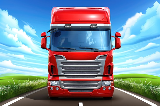 truck on the road with green grass and blue sky background illustration