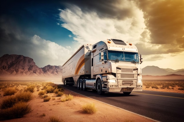 A truck on a road with mountains in the background