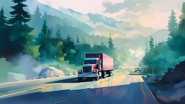 Truck on the road with mountains and forest in the background Generative AI