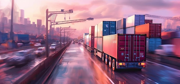 A truck on the road with a red container on the front