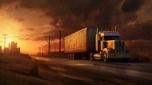 a truck on a road with a sunset background