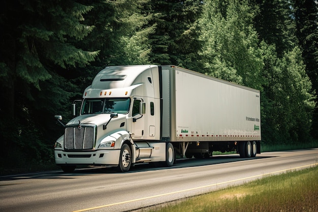 A truck on the road with a trailer on the side