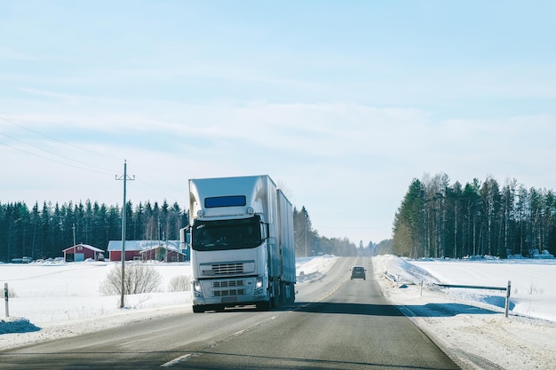 Truck in the Snowy winter driveway in Finland, Lapland.