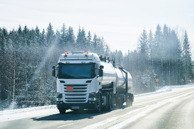 Truck on the Snowy winter driveway in Finland, Lapland.