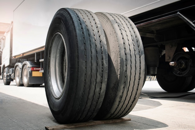 Truck Spare Wheels and Tires Waiting for To Change Trailer Truck Wheels Maintenance