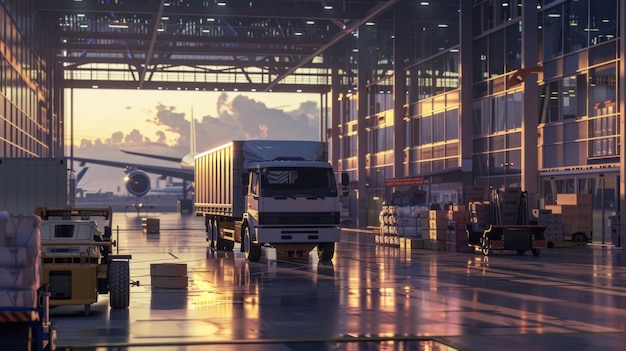 Truck standing in hangar in aerodrome loading goods on plane for further transportation