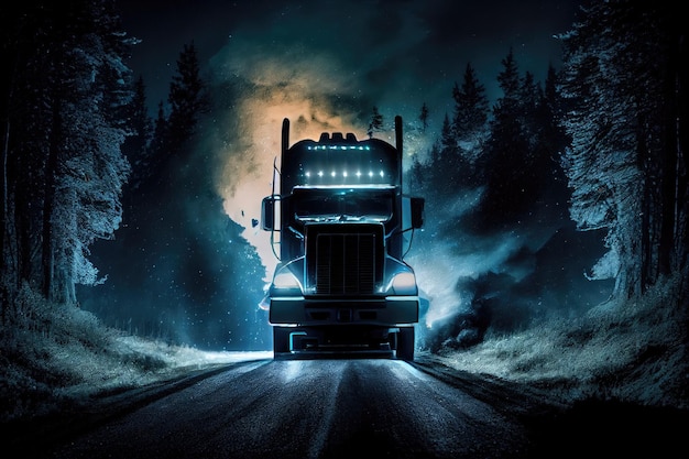 Truck storming down forest road its headlights illuminating the night sky created with generative ai