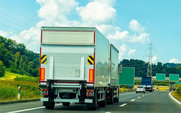 スイスの夏の道のトラック。高速道路のトラッカー。ロジスティクスの仕事をしているローリー。ドライバー付きセミトレーラー。大きな貨物車のドライブ。貨物配達。輸送輸出産業。商品の入ったコンテナ