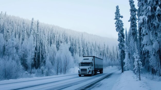 a truck that is driving down a snowy road