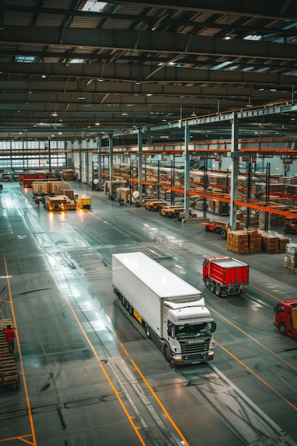 a truck that is parked in a warehouse with other trucks