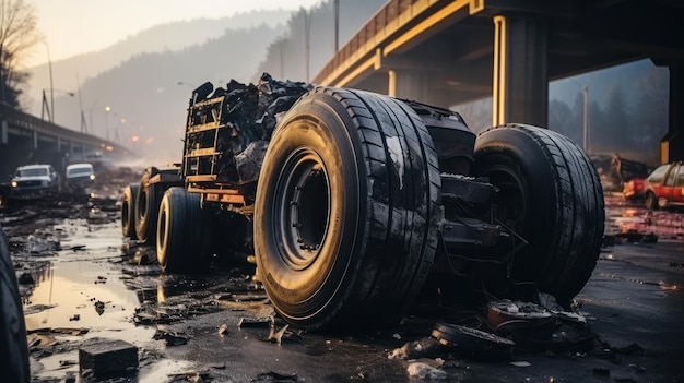 Truck tires in a car accident on the road under bridge