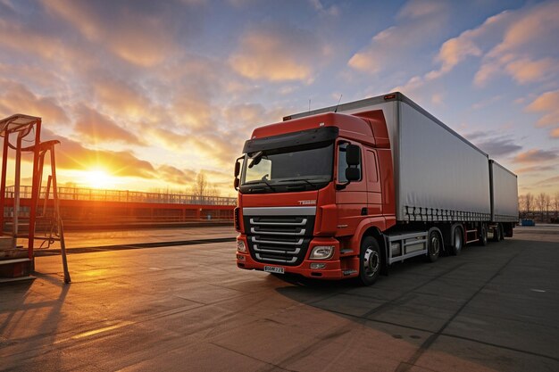 the truck trailer container docking load shipment goods pallets at warehouse
