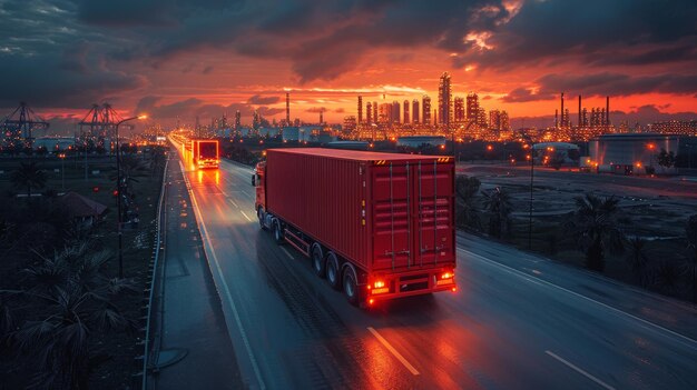 A truck transporting a container to the port with a background of oil and gas industry