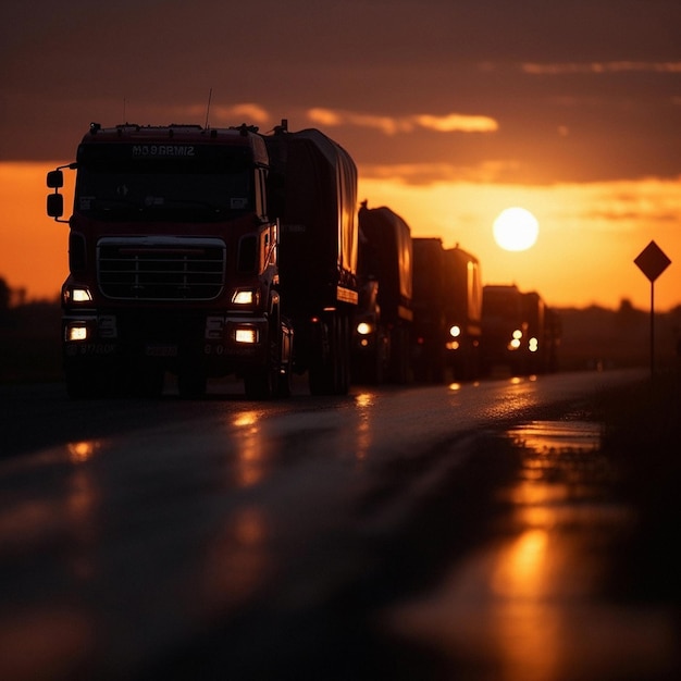 화석 연료 수출 및 생산 산업을 위해 해가 지는 동안 석유의 트럭 여행 또는 운송