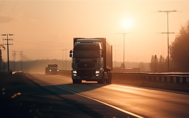 일출 AI 생성 AI의 트럭 고속도로에 있는 트럭