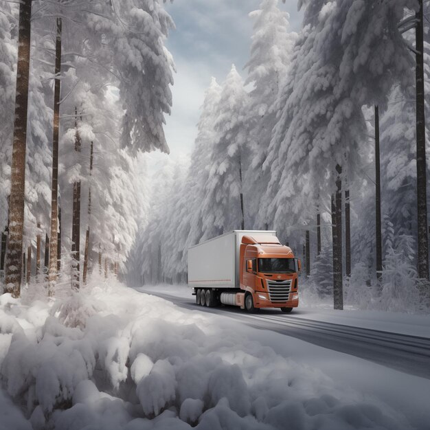 Photo truck on winter road with snow and fog