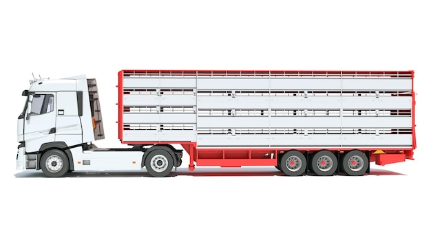 Truck with Animal Transporter Trailer 3D rendering on white background