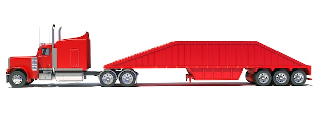 Truck with bottom dump trailer d rendering on white background