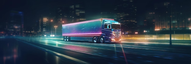 네온 불빛이 흐릿한 배경과 함께 밤에 화물을 실은 트럭 Generative AI