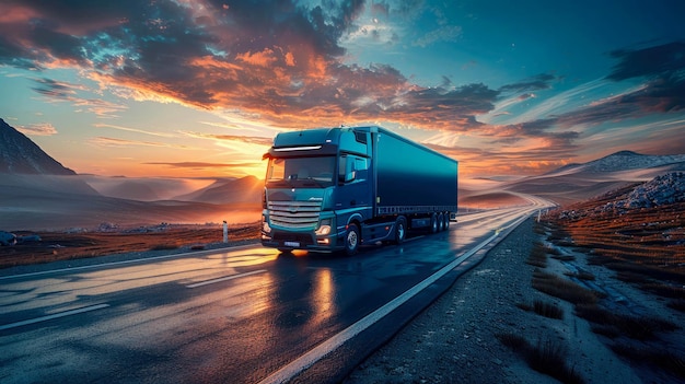 日没時に貨物を運ぶトラック ロジスティクスと輸送の概念