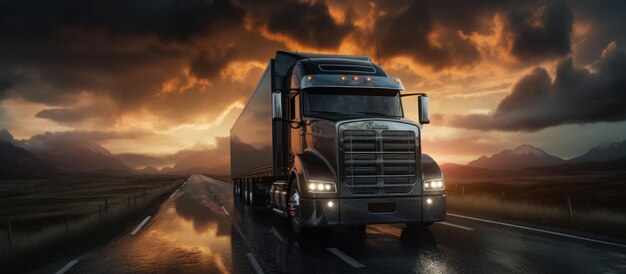 Truck with cargo on the road at sunset