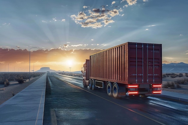 Truck with cargo on the road at sunset