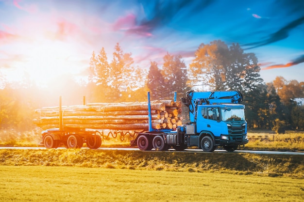 A truck with a cargo of wooden logs on the highway Timber wood delivery and processing Sustainable biofuel