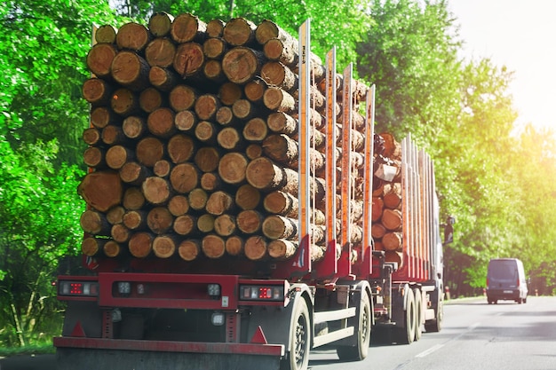 A truck with a cargo of wooden logs on the highway Timber wood delivery and processing Sustainable biofuel