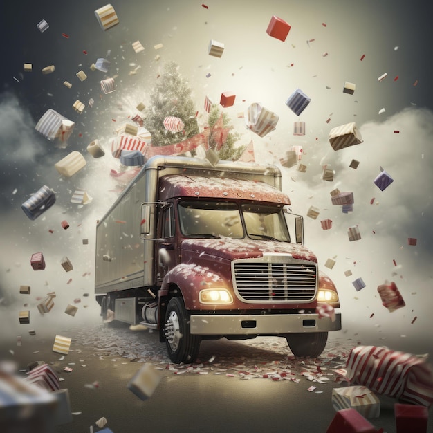 a truck with a christmas tree and presents flying around